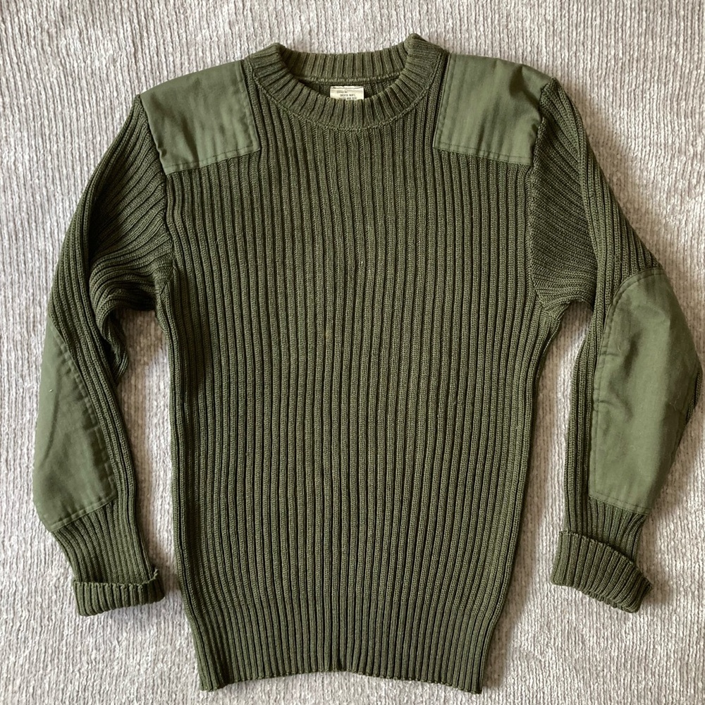 Vintage Wool Military Issue Ribbed Crew Neck Sweater Size 42 Olive Made in USA